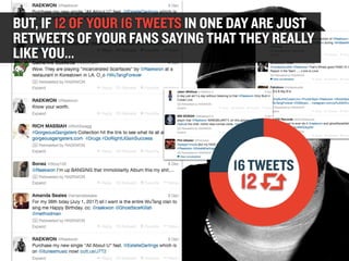 BUT, IF 12 OF YOUR 16 TWEETS IN ONE DAY ARE JUST
RETWEETS OF YOUR FANS SAYING THAT THEY REALLY
LIKE YOU...

16 TWEETS

12
...