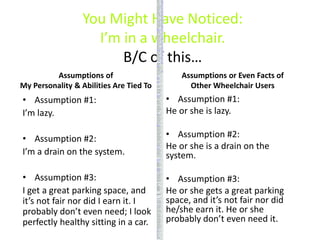 You Might Have Noticed:
I’m in a wheelchair.
B/C of this…
Assumptions of
My Personality & Abilities Are Tied To
• Assumption #1:
I’m lazy.
• Assumption #2:
I’m a drain on the system.
• Assumption #3:
I get a great parking space, and
it’s not fair nor did I earn it. I
probably don’t even need; I look
perfectly healthy sitting in a car.
Assumptions or Even Facts of
Other Wheelchair Users
• Assumption #1:
He or she is lazy.
• Assumption #2:
He or she is a drain on the
system.
• Assumption #3:
He or she gets a great parking
space, and it’s not fair nor did
he/she earn it. He or she
probably don’t even need it.
Expressing
anger/writing in a
Ben’s Friends
community is
considered helpful.
On the other hand,
one option for dealing
with anger is to
suppress it; however,
suppressing such
anger can lead to
many difficulties
including the
disruption of
relationships and the
negative impact on
the ability to think.
Clearly, venting the
anger is preferred
over suppressing the
anger.
Benefits of venting
include:
•Venting releases the
often-times negative
emotion of anger
from the venter to
“paper”, freeing up
“head space” to focus
on other things.
•“Suppressed anger
can be an underlying
cause of anxiety and
depression”,
according to
Cleveland
Clinic's "Managing
Anger" article.
Excessive bouts of
anger that can
otherwise lead to
depression or heart-
attack
(http://drugtools.care
mark.com/topic/depa
nger), are released
and contained
constructively.
•Whereas “the price
of anger is isolation”
for many, and
“friendships are
distant” or severed,
venting in a
community like Ben’s
Friends can combat
that feeling of
loneliness.
When faced with a
frustration, according
to one article from
Health and Fitness
Magazine, the venter
knows that things
could be worse;
however, he or she
isn’t necessarily
looking for advice or
a solution to his or
her “problem”.
Rather, he or she is
looking for a friend to
listen; with someone
“listening” and
responding, the
venter feels valued.
What's New?
Congratulations to the
Moderators of
Fibromyalgia
Community! They
now regularly feature
one of their members
in their community,
and they are laying
down the challenge
for community
members to write a
personal note to other
community
members. Ambition
in action!
Woot-woot! The
Lyme Disease
Community reached
200 members.
Huge strides for the
Narcolepsy
Community. Great
job!
We received
donations totaling the
amount of over
$20,000. Thank you.
For anyone interested
in creating a thank-
you video or writing a
thank-you note for
received donations
please contact Scott
Orn.
The Brain Aneurysm
Foundation - a forum
for patients and
families affected by
brain aneurysm.
International Ataxia
Awareness Day is
coming up on
September 25. How
will your company
create awareness?
Tax changes could
improve your credit
score, according to
National Business
Report (NBR). Credit
scores will "soon"
reflect your credit,
minus medical
expenses.
Featured
Member: James
S. What can trump
the trauma of a brain
bleed and AVM
rupture? How about
an Arteriovenous
Malformation (AVM)
rupture / brain bleed
with a death of a
loved one, three
seizures, and an
infection from brain
surgery?
AVM Survivor
James S. survived all
of these – and is still
doing so for many
years. In fact, he
celebrates 10 years
of survival this year.
Within his 10 survival
years, he has
accomplished many
things including:
encouraging his kids
to go to college,
founding Online
Radio Station KFEE,
and leading a Virtual
Worlds Symposium
in San Francisco,
California, for people
with varying abilities.
Hats off to you,
James.
For more information
on James and his 10
successful years
post-AVM rupture,
visit James on his
Tumbler site
Picture of the
Month Can you
guess who this is?
Just so you know, his
present-day photo
looked way too
recognizable to a 32-
year-old picture. This
picture is hard to
recognize who he is
now.
Here’s a “small” hint:
Click this link to find
out who he is.
Quote of the
Month
“Problems are
not stop signs,
they are
guidelines.” -
Robert H. Schuller
Trivia Time:
What Food Can
Help You De-
Stress More
Immediately?
Butternut Squash can
help you de-stress
more immediately.
The protein found in
butternut squash goes
directly to the brain,
helping to de-stress
quicker when
compared to other
foods with protein that
take a detoured route
to the brain.
Video of the
Month
Para-Olympic
Champion and
Marine Officer Josh
Sweeney was
honored with the
2014 ESPY Pat
Tillman Award.
Beagle Gets Puppy
Sister As A Bday
Gift
Coming Soon
Look for a NEW app
that empowers you to
conduct a search for
a doctor. Stay tuned
for more information!
Did You Hear?
“We were new to the
AVM issue with my
daughter, Brittany,
then 16-years-old.
(The
website/communi ty)
then was my biggest
support, and we had
grown to know so
many
others…struggling
through very similar
issues of AVM.
Today, Brittany is 21,
married almost a
year ago, to a then-
marine. They live
here in Austin, though
she was gone for a
year in San Diego.
After her Gamma
Knife, we had to wait
the long two years.
I am so proud of you!
You are such a
wonderful example of
turning the hurts and
pains of this life into
positives."
-Pat (Austin, Tx)
•
Network
Stats: Members:
42,164
•Unique Visitors:
97,853
•Twitter Followers:
4,212
•Facebook
Followers: 45,056
1.Thought-to-
go
opathy
(CIDP)
· Crohn's
Disease
· Disabili
ties
· Eagle
Syndrom
e
· Ehlers-
Danlos
Syndrom
e
· Erythro
melalgia
· Fabry
· Fibrom
yalgia
· Glosso
pharynge
al
Neuralgi
a (GPN)
· Guillain
-Barre
Syndrom
e (GBS)
· Lupus
· Lyme
Disease
· Mast
Cell
Disorder
· Multiple
Myeloma
· Myositi
s
· Narcole
psy
· Nephrot
ic
Syndrom
e
· Primar
y
Sclerosin
g
Cholangit
is (PSC)
· Psoriati
c
Arthritis
(PsA)
· Sjogren
's
Syndrom
e
· Synovia
l
Sarcoma
· Trigemi
nal
Neuralgi
a (TN)
· Trauma
tic Brain
Injury
(TBI)
· Ulcerati
ve Colitis
(FB)
· Von
Willebra
nd's
Disease
(VWD)
Other
Rare
Diseases
W hat
commu
nity can
we
create
for you?
Let us
know at
BensFrie
nds.org
 