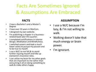 Facts Are Sometimes Ignored
& Assumptions Are Embraced
FACTS
• I have a Bachelor’s and a Master’s
Degree
• I have over 10 years in MarCom.
• I designed my own website.
• I’m publishing a chapter in a business-
related book later this quarter.
• I completed certifications in Interior
Design, Meditation and Mindfulness.
• I switched careers and took a much
lower salary to pursue my passion and
to be true to myself.
• I use a W/C to not fall & to avoid
further injuring myself and hike up
everyone’s insurance rates.
• I can utilize my brain for my other goals
that are important to me rather than
consuming it all on doing something to
walk & make others happy
ASSUMPTION
• I use a W/C because I’m
lazy, & I’m not willing to
walk.
• Walking doesn’t take that
much energy or brain
power.
• I’m ignorant.
 