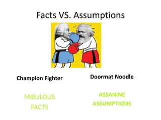 Facts VS. Assumptions
Champion Fighter
FABULOUS
FACTS
Doormat Noodle
ASSANINE
ASSUMPTIONS
 