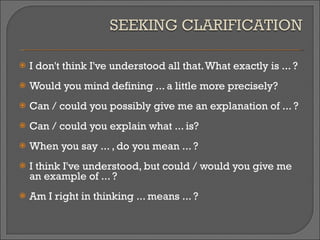 I don't think I've understood all that. What exactly is ... ?  Would you mind defining ... a little more precisely? Can / could you possibly give me an explanation of ... ? Can / could you explain what ... is? When you say ... , do you mean ... ? I think I've understood, but could / would you give me an example of ... ?  Am I right in thinking ... means ... ? 