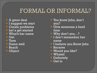 A great deal I suggest we start Create problems Let´s get started What’s her name Get Tons Damn well Reach Object You know John, don’t you? Give someone a hard time Why don’t you…? I don’t remember her name I believe you Know John Receive Would you like? Whatsit Definitely Get to 