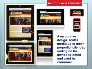 Responsive = Relevant




      A responsive
      design, scales
      media up or down
      proportionally, dep
      ending on the
      device selected
      and used by
      consumer.
 