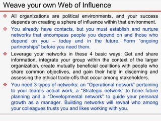  All organizations are political environments, and your success
depends on creating a sphere of influence within that env...