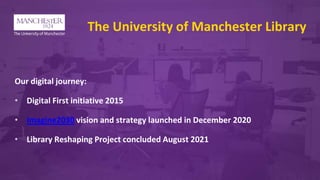 The University of Manchester Library
Our digital journey:
• Digital First initiative 2015
• Imagine2030 vision and strategy launched in December 2020
• Library Reshaping Project concluded August 2021