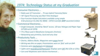 19
© Ian Phillips 2018
1974: Technology Status at my Graduation
§ Consumer Electronics …
§ Radio was 5/7 transistor ... TV was hybrid Transistor/Valve
§ ‘All’ Signal-Processing was Real-Time Analogue
§ Four-Function Pocket Calculators available using simple
4-bit processor ICs (like the 4004) – (HP35 Scientific JUST Launched (>£££))
§ Commercial Electronics …
§ Single Computer, shared by ‘Batch’ access. I/O was Teletype and Paper-Tape
(VT100 not till 1978)
§ TTL (74xx) used in Mainframe Computers (Fortran)
§ Networking was primitive, local and very slow
§ Productivity Tools ...
§ Diaries, Address Books, Magazines were paper based
§ Writing was Biro on paper, Presentations were on ‘foils’ with an OHP
§ Cameras were mechanical and chemical
§ Lights were Incandescent/Florescent; Displays were CRT (No LCDs or LEDs).
§ Cars and Telephones were electro-mechanical ...
 