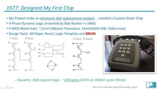 21
© Ian Phillips 2018
1977: Designed My First Chip
§ My Project make an electronic dial-replacement module … needed a Custom Dialer Chip
§ 4-Phase Dynamic Logic (Invented by Bob Booher in 1966)
§ P-MOS Metal Gate. ~12mil (300um) Transistors. Fairchild/GI FAB. 32khz clock.
§ Design Tools: A0 Paper, Pencil, Logic Template and BRAIN
… Dynamic, shift-register logic - ~250 gates (1kTr) on 350mil sq die (9mm)
1-Gate 3-Gate 2-Gate (4-Gate)
https://en.m.wikipedia.org/wiki/Four-phase_logic#
 