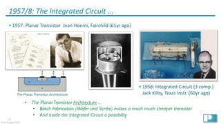 9
© Ian Phillips 2018
1957/8: The Integrated Circuit ...
§ 1957: Planar Transistor Jean Hoerni, Fairchild (61yr ago)
§ 1958: Integrated Circuit (3 comp.)
Jack Kilby, Texas Instr. (60yr ago)
• The PlanarTransistor Architecture ...
• Batch Fabrication (Wafer and Scribe) makes a much much cheaper transistor
• And made the Integrated Circuit a possibility
The Planar Transistor Architecture
 
