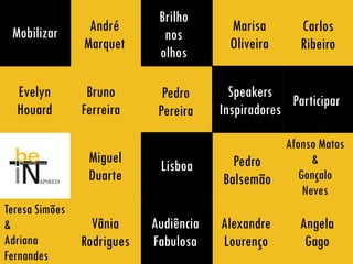 Brilho
   Pedro
 Mobilizar        André
                 André                    Marisa        Carlos
                              nos
  Pereira        Marquet
                Marquet                   Oliveira      Ribeiro
                             olhos

  Evelyn         Bruno        Pedro
                              Pedro       Speakers
                                                     Participar
  Houard        Ferreira    Balsemão
                             Pereira    Inspiradores

                                                     Afonso Matos
                 Miguel                   Pedro            &
                             Lisboa         13
                 Duarte                 Balsemão        Gonçalo
                                                         Neves
Teresa Simões
&                 Vânia     Audiência   Alexandre      Angela
Adriana         Rodrigues   Fabulosa    Lourenço        Gago
Fernandes
 