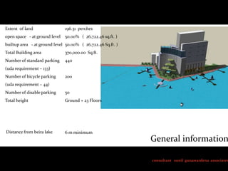 Extent of land

196.31 perches

open space - at ground level

50.00% ( 26,722.46 sq.ft. )

builtup area - at ground level 50.00% ( 26,722.46 Sq.ft. )
Total Building area

370,000.00 Sq.ft.

Number of standard parking

440

(uda requirement – 133)
Number of bicycle parking

200

(uda requirement – 44)
Number of disable parking

50

Total height

Ground + 23 Floors

Distance from beira lake

6 m minimum

General information

consultant sunil gunawardena associates

 