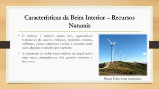 Características da Beira Interior – Recursos
Naturais
• O subsolo é também muito rico, registando-se
explorações de quartzo, feldspato, lepidolite, estanho,
volfrâmio, urânio, tungsténio e cobre, e existindo ainda
vários depósitos minerais por explorar;
• A exploração de rochas toma também um papel muito
importante, principalmente dos granitos amarelos e
dos xistos.
Parque Eólico Serra Castanheira
 