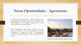 Novas Oportunidades - Agroturismo
• O Monte do Vale Mosteiro – Agroturismo é uma
propriedade tranquila situada na freguesia de
Rosmaninhal, no Parque Natural do Tejo
Internacional na beira interior.
• Este alojamento rural típico dispõe de uma
piscina exterior e de um montado de azinho
verdejante a perder de vista. A propriedade
contém uma bela barragem onde se pode praticar
pesca.
Monte do Vale Mosteiro Agroturismo
 