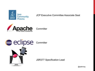 @aalmiray
JCP Executive Committee Associate Seat
Committer
Committer
JSR377 Specification Lead
 