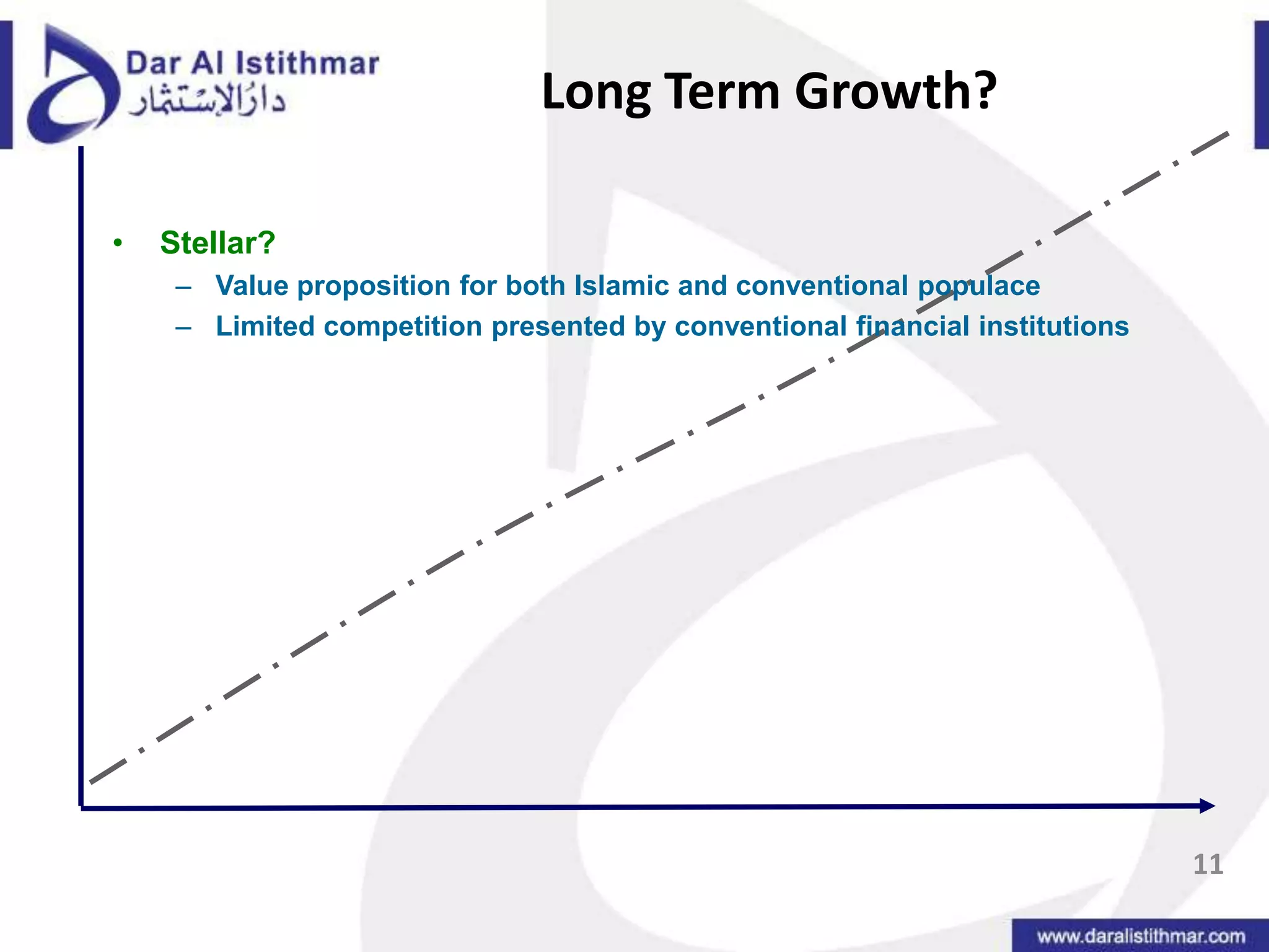 Long Term Growth?Stellar?Value proposition for both Islamic and conventional populaceLimited competition presented by conventional financial institutions11