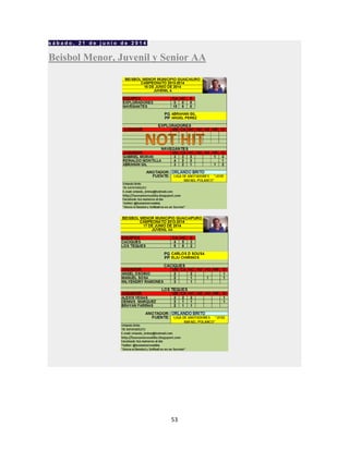 53
s á b a d o , 2 1 d e j u n i o d e 2 0 1 4
Beisbol Menor, Juvenil y Senior AA
 