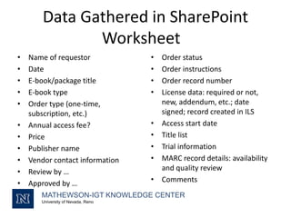 Data Gathered in SharePoint
Worksheet
• Name of requestor
• Date
• E-book/package title
• E-book type
• Order type (one-time,
subscription, etc.)
• Annual access fee?
• Price
• Publisher name
• Vendor contact information
• Review by …
• Approved by …
• Order status
• Order instructions
• Order record number
• License data: required or not,
new, addendum, etc.; date
signed; record created in ILS
• Access start date
• Title list
• Trial information
• MARC record details: availability
and quality review
• Comments
MATHEWSON-IGT KNOWLEDGE CENTER
University of Nevada, Reno
 