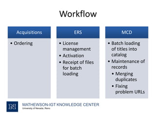 Workflow
MATHEWSON-IGT KNOWLEDGE CENTER
University of Nevada, Reno
Acquisitions
• Ordering
ERS
• License
management
• Activation
• Receipt of files
for batch
loading
MCD
• Batch loading
of titles into
catalog
• Maintenance of
records
• Merging
duplicates
• Fixing
problem URLs
 