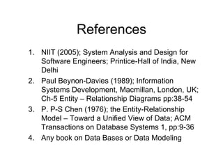 References
1. NIIT (2005); System Analysis and Design for
Software Engineers; Printice-Hall of India, New
Delhi
2. Paul Beynon-Davies (1989); Information
Systems Development, Macmillan, London, UK;
Ch-5 Entity – Relationship Diagrams pp:38-54
3. P. P-S Chen (1976); the Entity-Relationship
Model – Toward a Unified View of Data; ACM
Transactions on Database Systems 1, pp:9-36
4. Any book on Data Bases or Data Modeling
 
