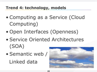 15
Trend 4: technology, models
• Computing as a Service (Cloud
Computing)
• Open Interfaces (Openness)
• Service Oriented Architectures
(SOA)
• Semantic web /
Linked data
 