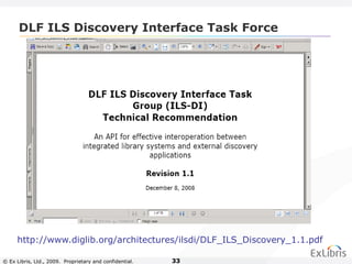 © Ex Libris, Ltd., 2009. Proprietary and confidential. 33
http://www.diglib.org/architectures/ilsdi/DLF_ILS_Discovery_1.1.pdf
DLF ILS Discovery Interface Task Force
 