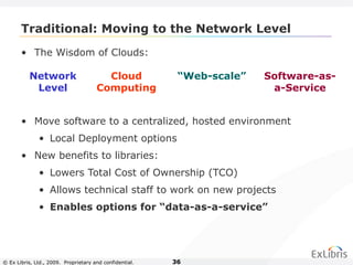 © Ex Libris, Ltd., 2009. Proprietary and confidential. 36
Traditional: Moving to the Network Level
• The Wisdom of Clouds:
• Move software to a centralized, hosted environment
• Local Deployment options
• New benefits to libraries:
• Lowers Total Cost of Ownership (TCO)
• Allows technical staff to work on new projects
• Enables options for “data-as-a-service”
Network
Level
“Web-scale” Software-as-
a-Service
Cloud
Computing
 
