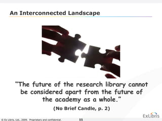 © Ex Libris, Ltd., 2009. Proprietary and confidential. 11
An Interconnected Landscape
“The future of the research library cannot
be considered apart from the future of
the academy as a whole.”
(No Brief Candle, p. 2)
 