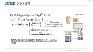 [公開情報]
クラス分類
©2022 ARISE analytics Reserved. 18
NSPと同様に先頭の[CLASS]のベクトルから
予測
𝑧0 = 𝑥𝑐𝑙𝑠, 𝐸𝑥1, … , 𝐸𝑥𝑛
𝑇
+ 𝑃𝐸
𝑧ℓ = Transformer 𝑧ℓ−1
𝑦 = Softmax 𝑧𝐿
(𝑐𝑙𝑎𝑠𝑠) Transformer
ブロックを多層に繋
げる
最終層の[CLASS]ベクト
ルで
各Classの確率を計算
 