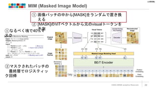 [公開情報]
MIM (Masked Image Model)
©2022 ARISE analytics Reserved. 22
① 画像パッチの中から[MASK]をランダムで置き換
える
② [MASK]のViTベクトルから元のvisualトークンを
予測
①なるべく塊で40%マ
スク
②マスクされたバッチの
最終層でロジスティッ
ク回帰
 