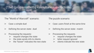 CONFIDENTIAL © 2015 MentorMate, Inc. All rights reserved.
(The) {problem} [with] <simultaneous> /actions/
The “World of Warcraft” scenario:
➢ Case: a simple duel
➢ Defining the server state - duel
➢ Processing the requests:
➢ request changes the state
➢ the state sends info to clients
➢ the “looser” indicates the new state
The puzzle scenario:
➢ Case: users finish at the same time
➢ Defining the server state - match
➢ Processing the requests
➢ request changes the state
➢ latter request ignored
➢ clients indicate the new state
 