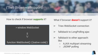 CONFIDENTIAL © 2015 MentorMate, Inc. All rights reserved.
(The) {Browser} [support]
How to check if browser supports it? What if browser doesn’t support it?
➢ Tries WebSocket connection
➢ fallsback to LongPolling ajax
➢ fallsback to other approach:
like
○ AJAX multipart streaming
○ JSONP polling
> window.WebSocket
||
/
function WebSocket() { [native code] }
 