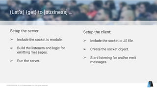 CONFIDENTIAL © 2015 MentorMate, Inc. All rights reserved.
(Let’s) {get} to [business] …
Setup the server:
➢ Include the socket.io module;
➢ Build the listeners and logic for
emitting messages.
➢ Run the server.
Setup the client:
➢ Include the socket.io JS file.
➢ Create the socket object.
➢ Start listening for and/or emit
messages.
 