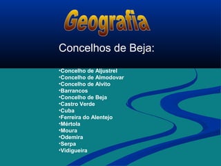 Concelhos de Beja:
•Concelho de Aljustrel
•Concelho de Almodovar
•Concelho de Alvito
•Barrancos
•Concelho de Beja
•Castro Verde
•Cuba
•Ferreira do Alentejo
•Mértola
•Moura
•Odemira
•Serpa
•Vidigueira
 