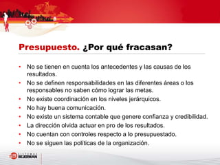 • No se tienen en cuenta los antecedentes y las causas de los
resultados.
• No se definen responsabilidades en las diferentes áreas o los
responsables no saben cómo lograr las metas.
• No existe coordinación en los niveles jerárquicos.
• No hay buena comunicación.
• No existe un sistema contable que genere confianza y credibilidad.
• La dirección olvida actuar en pro de los resultados.
• No cuentan con controles respecto a lo presupuestado.
• No se siguen las políticas de la organización.
Presupuesto. ¿Por qué fracasan?
 