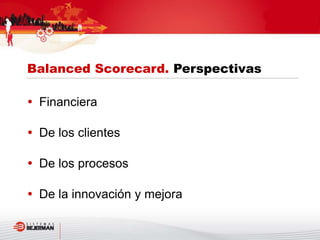 Financiera
 De los clientes
 De los procesos
 De la innovación y mejora
Balanced Scorecard. Perspectivas
 