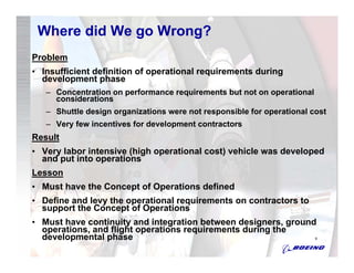 Where did We go Wrong?
Problem
• Insufficient definition of operational requirements during
  development phase
   – Concentration on performance requirements but not on operational
     considerations
   – Shuttle design organizations were not responsible for operational cost
   – Very few incentives for development contractors
Result
• Very labor intensive (high operational cost) vehicle was developed
  and put into operations
Lesson
• Must have the Concept of Operations defined
• Define and levy the operational requirements on contractors to
  support the Concept of Operations
• Must have continuity and integration between designers, ground
  operations, and flight operations requirements during the
  developmental phase                                                   9
 