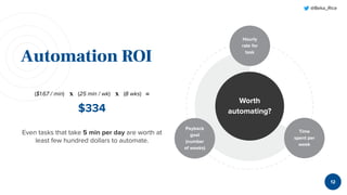 @Beka_Rice
Automation ROI
12
Worth
automating?
Hourly
rate for
task
Payback
goal
(number
of weeks)
Time
spent per
week
($1.67 / min) x (25 min / wk) x (8 wks) =
$334
Even tasks that take 5 min per day are worth at
least few hundred dollars to automate.
 