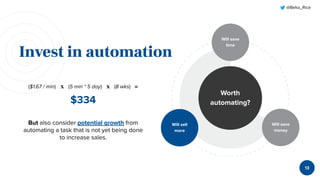 @Beka_Rice
Invest in automation
13
Worth
automating?
Will save
time
Will sell
more
Will save
money
($1.67 / min) x (5 min * 5 day) x (8 wks) =
$334
But also consider potential growth from
automating a task that is not yet being done
to increase sales.
 