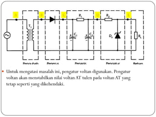 A             B          C                 D                E




 Untuk mengatasi masalah ini, pengatur voltan digunakan. Pengatur
  voltan akan menstabilkan nilai voltan AT tulen pada voltan AT yang
  tetap seperti yang dikehendaki.
 