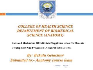 COLLEGE OF HEALTH SCIENCE
DEPARTEMENT OF BIOMEDICAL
SCIENCE (ANATOMY)
Role And Mechanism Of Folic Acid Supplementation On Placenta
Development And Prevention Of Neural Tube Defects
By: Bekalu Getachew
Submitted to:- Anatomy course team
9/3/2018seminar
1
 