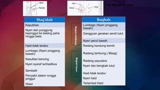Maq’idah
Keputihan
Nyeri dari punggung
kepinggul ke belang paha
hingga betis
Haid tidak teratur
Lumbago (Nyeri pinggang
bawah)
Kesulitan kencing
Nyeri syaraf ischiadikus
Sembelit
Penyakit dalam rongga
pinggul
Wasir
* dr. Wadda’ A Umar
Ruqbah
Lumbago (Nyeri pinggang
bawah)
Gangguan gerakan sendi lutut
Nyeri perut bawah
Radang kandung kemih
Radang lambung ( Maag)
Radang payudara
Nyeri dan bengkak lutut
Haid tidak teratur
Nyeri haid
Terlambat Haid
BagianbelakangBagianDepan
 