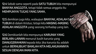 12:4 Sebab sama seperti pada SATU TUBUH kita mempunyai
BANYAK ANGGOTA, tetapi tidak semua anggota itu
MEMPUNYAI TUGAS YANG SAMA,
12:5 demikian juga kita, walaupun BANYAK, ADALAH SATU
TUBUH di dalam Kristus; tetapi kita MASING-MASING
ADALAH ANGGOTA yang seorang terhadap yang lain.
12:6 Demikianlah kita mempunyai KARUNIA YANG
BERLAIN-LAINAN menurut kasih karunia yang
DIANUGERAHKAN kepada kita: Jika karunia itu adalah
untuk BERNUBUAT BAIKLAH KITA MELAKUKANNYA
SESUAI DENGAN IMAN KITA.
 