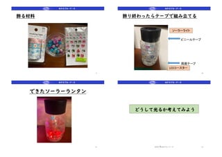 飾る材料
9
飾り終わったらテープで組み立てる
10
LEDコースター
ソーラーライト
ビニールテープ
両面テープ
できたソーラーランタン
11
どうして光るか考えてみよう
2022 © NPOブルーアース 12
 