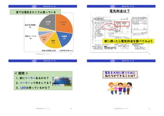 2022 © NPOブルーアース 21
家では電気をたくさん使っている
(出典:電力計画.com)
22
電気料金は？
家に帰ったら電気料金を調べてみよう
< 質問 >
1. 家にソーラーあるかな？
2. ソーラーって何をしてる？
3. LEDは使っているかな？
2022 © NPOブルーアース 23 24
電気を大切に使うために
私たちができることは?
2022 © NPOブルーアース
 