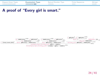 Disjoint Union Types Enumeratioin Types Natural Number Type Finite Sequences Id-type
A proof of “Every girl is smart.”
x : {mary, susan, john}
1
ms : smart(mary)
(CON )
y : girl(mary)
2
ms : smart(mary)
(WK)
λy.ms : girl(mary) → smart(mary)
(→I ),2
ss : smart(susan)
(CON )
y : girl(susan)
2
ss : smart(susan)
(WK)
λy.ss : girl(susan) → smart(susan)
(→I ),2
x : girl(john)
3
gs : ¬girl(john)
(CON )
gs(x) : ⊥
(→I )
....
smart(john) : type
casegs(x)() : smart(john)
(⊥E
λx.(casegs(x)()) : girl(john) → smart(john)
(→I ),3
case(λy.ms, λy.ss, λx.(casegs(x)())) : girl(x) → smart(x)
({}E),1
λx.case(λy.ms, λy.ss, λx.(casegs(x)())) : (x:entity) → girl(x) → smart(x)
(ΠI ),1
24 / 41
 
