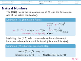 Disjoint Union Types Enumeratioin Types Natural Number Type Finite Sequences Id-type
Natural Numbers
The (NE) rule is the elimination rule of N (and the formulation
rule of the natrec constructor).
Deﬁnition (N-Elimination Rules)
n : N C : N → type e : C(0)
x : N....
i
y : C(x)
....
i
M : C(s(x))
natrec(n, e, λx.λy.M) : C(n)
(NE),i
Intuitively, the (NE) rule corresponds to the mathematical
induction. where e is a proof for 0 and f is a proof for s(n).
Deﬁnition (β-reduction rules (one-step))
natrec(0, e, f) →β e
natrec(s(n), e, f) →β f(n)(natrec(n, e, f))
28 / 41
 