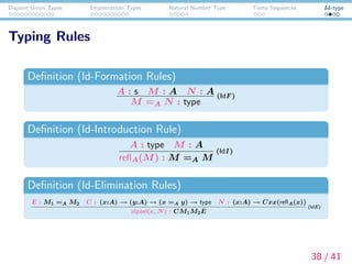 Disjoint Union Types Enumeratioin Types Natural Number Type Finite Sequences Id-type
Typing Rules
Deﬁnition (Id-Formation Rules)
A : s M : A N : A
M =A N : type
(IdF)
Deﬁnition (Id-Introduction Rule)
A : type M : A
reﬂA(M) : M =A M
(IdI )
Deﬁnition (Id-Elimination Rules)
E : M1 =A M2 C : (x:A) → (y:A) → (x =A y) → type N : (x:A) → Cxx(reﬂA(x))
idpeel(e, N) : CM1M2E
(IdE)
38 / 41
 