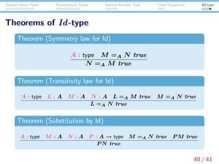 Disjoint Union Types Enumeratioin Types Natural Number Type Finite Sequences Id-type
Theorems of Id-type
Theorem (Symmetry law for Id)
A : type M =A N true
N =A M true
Theorem (Transitivity law for Id)
A : type L : A M : A N : A L =A M true M =A N true
L =A N true
Theorem (Substitution by Id)
A : type M : A N : A P : A → type M =A N true P M true
P N true
40 / 41
 