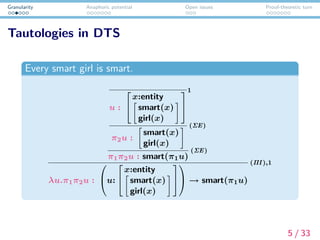 Granularity Anaphoric potential Open issues Proof-theoretic turn
Tautologies in DTS
Every smart girl is smart.
u :


x:entity
smart(x)
girl(x)


1
π2u :
smart(x)
girl(x)
(ΣE)
π1π2u : smart(π1u)
(ΣE)
λu.π1π2u :

u:


x:entity
smart(x)
girl(x)



 → smart(π1u)
(ΠI ),1
5 / 33
 