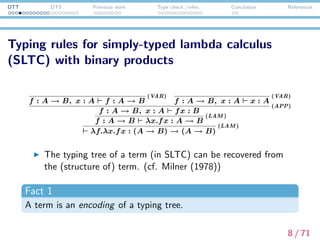 DTT DTS Previous work Type check./infer. Conclusion References
Curry-Howard Correspondence btw. function type
and implication
Introduction rules Elimination rules
Typing rules in
STLC
x : A....
M : B
i
λx.M
function
: A → B
(LAM ),i
M : A → B N : A
MN : B
(APP)
Natural de-
duction rules
in PL
A....
B
i
A → B
(→I ),i
A → B A
B
(→E)
9 / 71
 