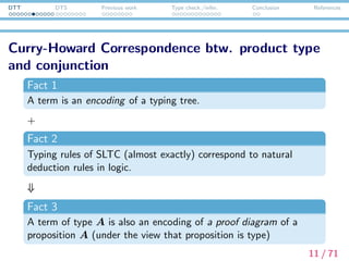 DTT DTS Previous work Type check./infer. Conclusion References
Curry-Howard Correspondence btw. product type
and conjunction
Fact 3
A term of type A is also an encoding of a proof diagram of a
proposition A (under the view that proposition is type)
Fact 3’
Functions encode proofs of →.
Pairs encode proofs of ∧.
12 / 71
 